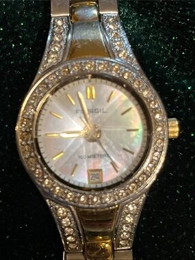 Fossil Gold-Tone Crystal Accent Bracelet Watch with Mother-of-Pearl Dial